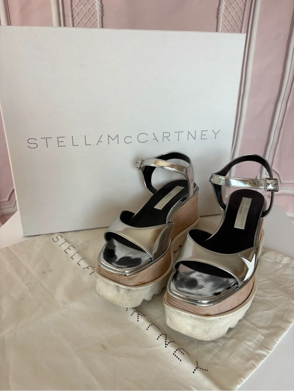 Stella McCartney Metallic Silver Star Platform Wedge Sandals